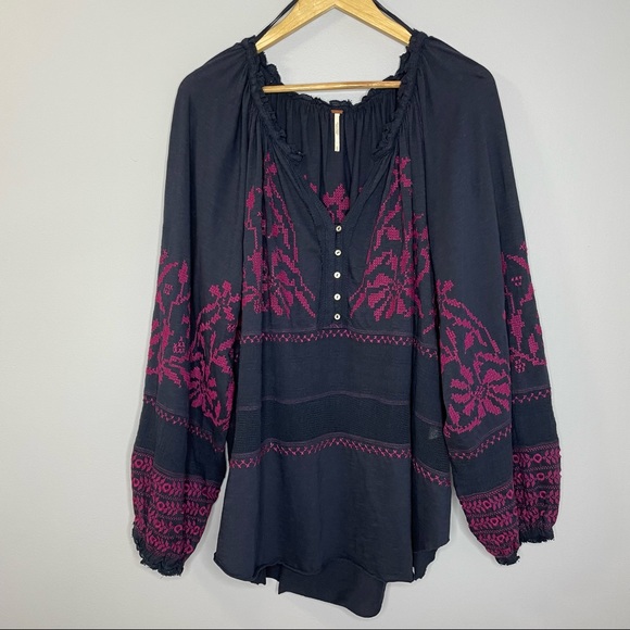 Free People Persuasion Balloon Sleeve Embroidered Peasant Top - Picture 2 of 10